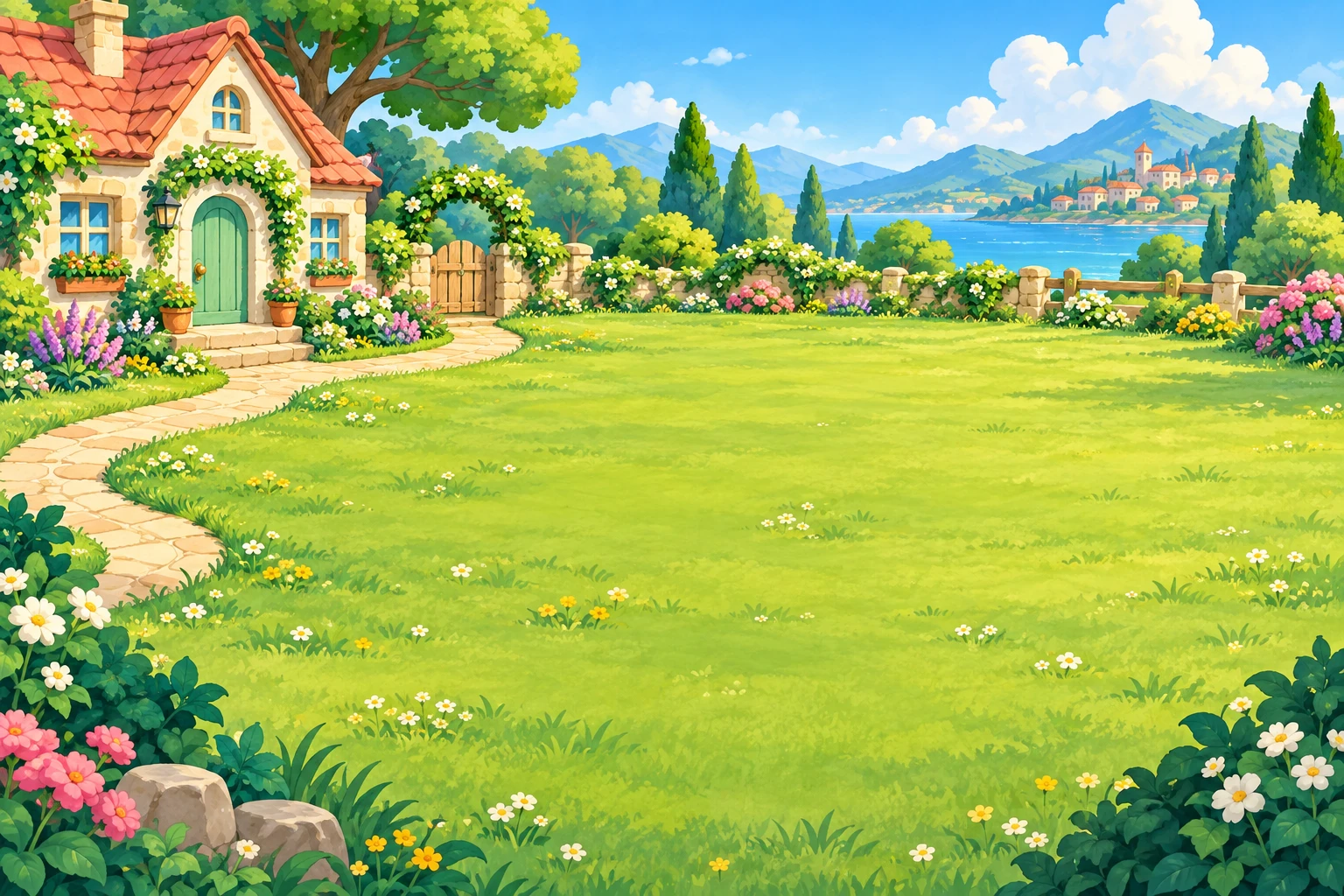 A sunlit cottage garden ready for a little cat adventure